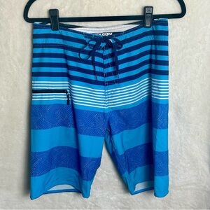 Men's Volcom 4-way Stretch Blue‎ Striped Surf Trunks Swim Shorts Size 30